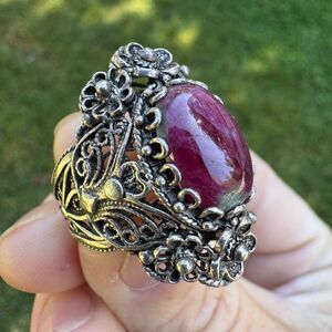Vintage Sterling Silver Filigree Ring Size 8.5 DGS 925 Turkey Ruby Zoisite Cab